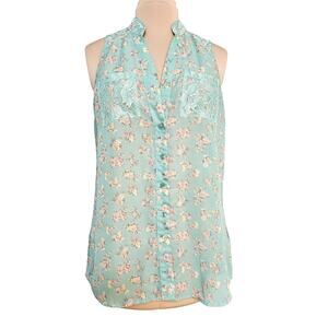 Green Floral Tunic Top Lace Collar Pockets XL Fairy Dainty Y2K Feminine Romantic